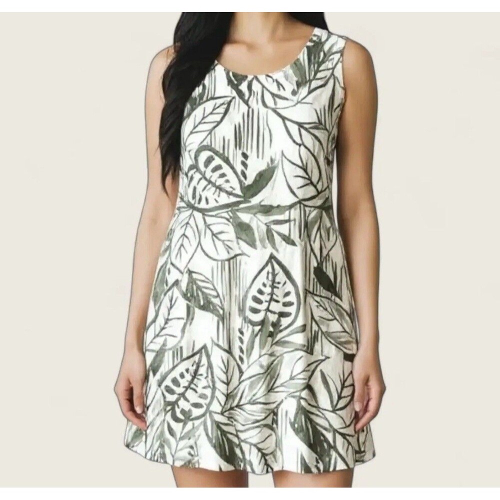 Tahari Dress Green And Cream Leaf Print With Pockets 100% Linen Women Large